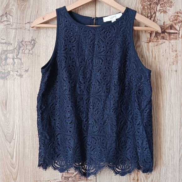 Loft Lace Overlay Tank Top Blouse Navy Blue Size XS - Picture 1 of 8